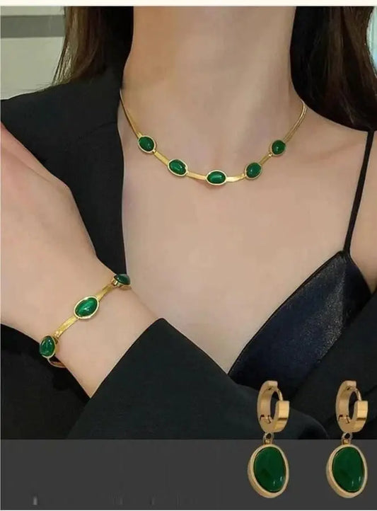 Oval Green Crystal Pendant Necklace Set With Bracelet shoppingstore25
